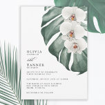 White Orchids on Monstera Tropical Wedding Invitation<br><div class="desc">Bring your dream wedding vision to life with this uniquely beautiful tropical wedding invitation design. It features a trio of elegant white orchids and a beautiful Monstera leaf in painted watercolors. The design is both simple and elegant with a minimalist look energised by the tropical botanical elements. This invitation is...</div>