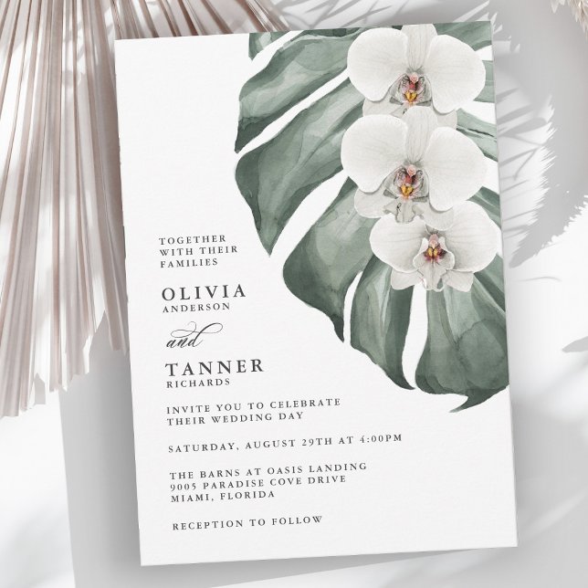 White Orchids on Monstera Tropical Wedding Invitation (Creator Uploaded)