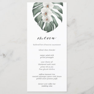 White Orchids on Monstera Tropical Wedding Menu