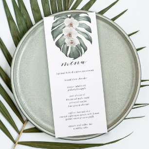 White Orchids on Monstera Tropical Wedding Menu Invitation