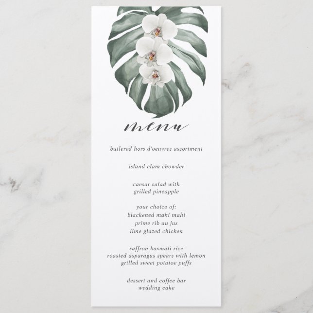 White Orchids on Monstera Tropical Wedding Menu Invitation (Front)
