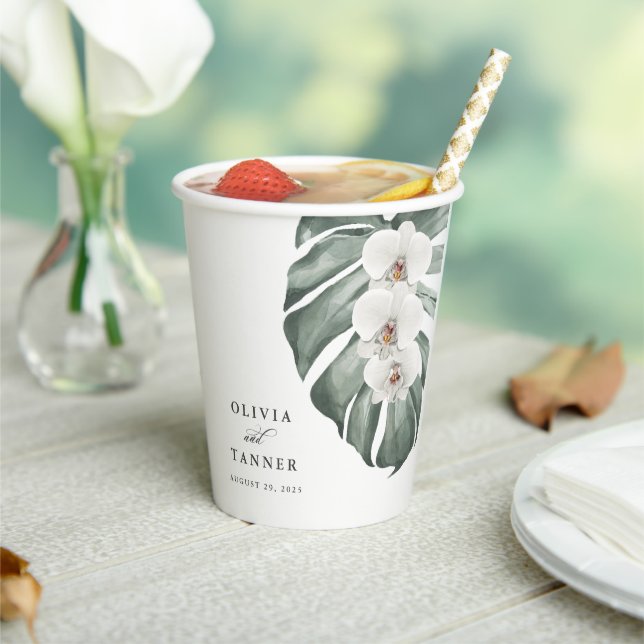 White Orchids on Monstera Tropical Wedding Paper Cups (Insitu)