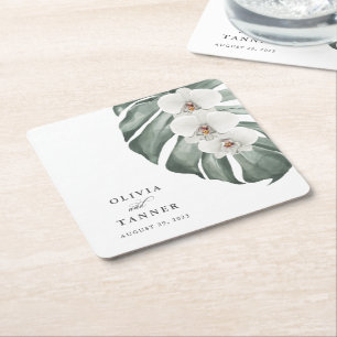 White Orchids on Monstera Tropical Wedding Square Paper Coaster