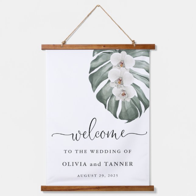 White Orchids on Monstera Tropical Wedding Welcome Hanging Tapestry (Front)