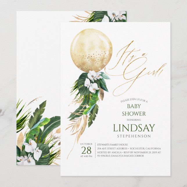 White Orchids Palm Leaves Gold Balloon Baby Shower Invitation (Front/Back)