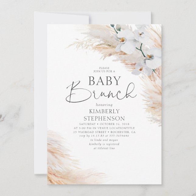 White Orchids Pampas Grass Brunch Baby Shower Invitation (Front)