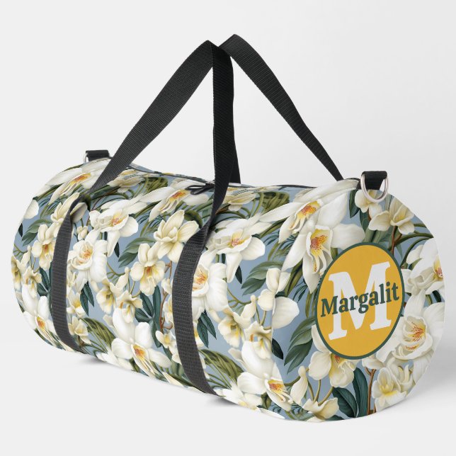White Orchids Pattern Floral Flowers Large Duffle Bag (Left Corner)
