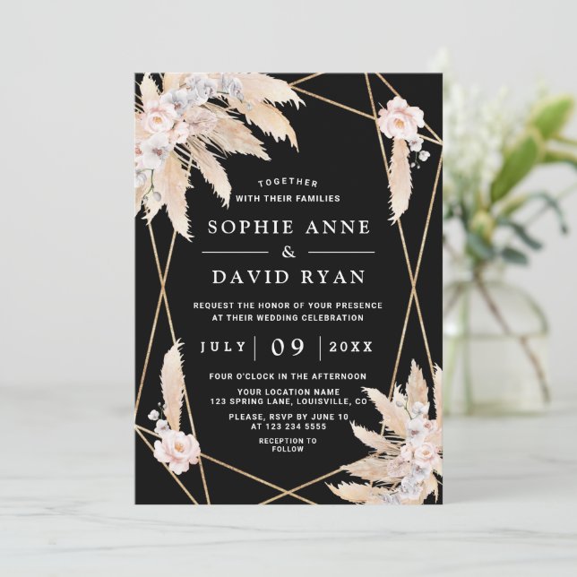 White Orchids Pink Rose Pampas Grass Black Wedding Invitation (Standing Front)
