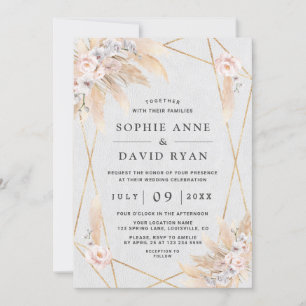 White Orchids Pink Rose Pampas Grass Gold Wedding Invitation