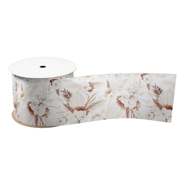 White Orchids Terracotta Flowers Desert Boho Satin Ribbon (Spool)