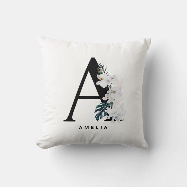 White Orchids Tropical Custom Letter A Monogram Cushion (Front)