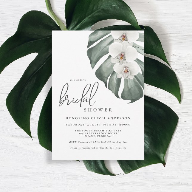 White Orchids Tropical Paradise Bridal Shower Invitation (Tropical elegance makes a wonderful bridal shower theme.)