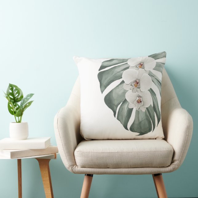 White Orchids Tropical Watercolor Floral Cushion (Chair)