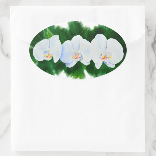 white orchids water colour floral oval sticker (Bag)
