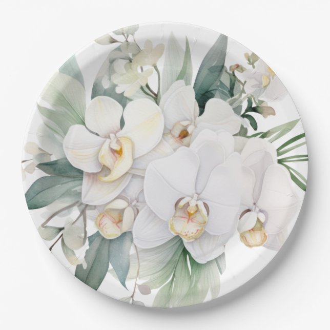 White Orchids Wedding Paper Plate (Front)