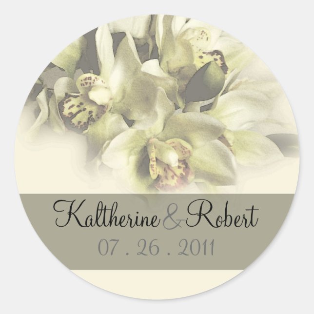 White orchids wedding save the date1 classic round sticker (Front)