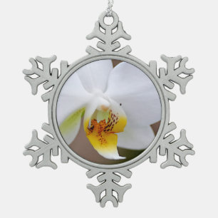 White orchids with buds  snowflake pewter christmas ornament
