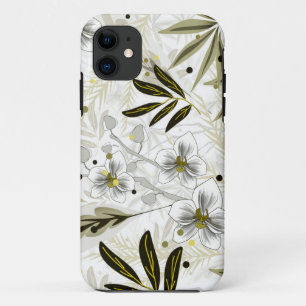White orchids with olive tropical leaves iPhone 11 case