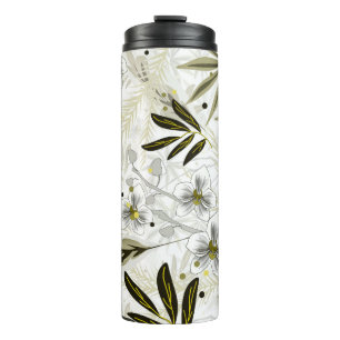 White orchids with olive tropical leaves thermal tumbler
