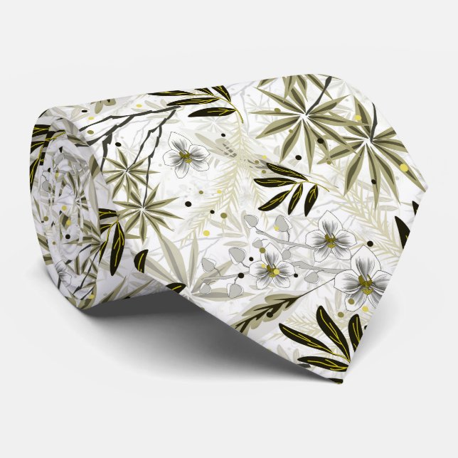 White orchids with olive tropical leaves tie (Rolled)
