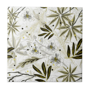 White orchids with olive tropical leaves tile