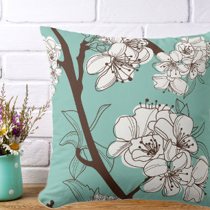 White Oriental Flower Branch Cushion