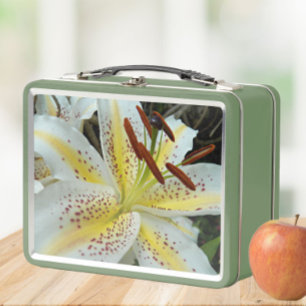 White Oriental Lily with Yellow Starburst Floral Metal Lunch Box