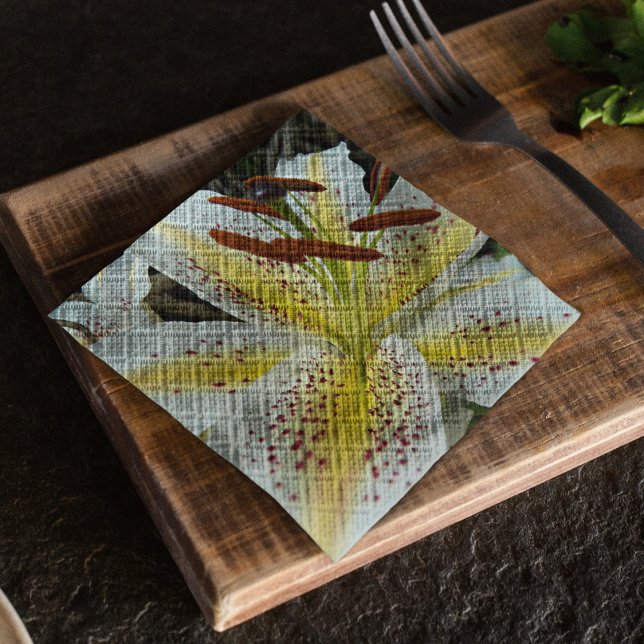 White Oriental Lily with Yellow Starburst Floral Napkin (In Situ Table)
