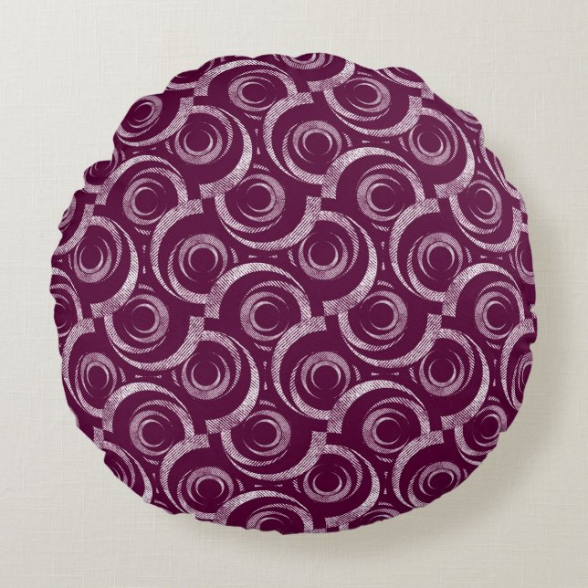 White ornament on a burgundy background. round cushion (Front)