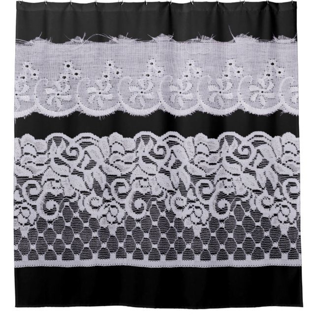White Ornamental Lace isolated on black background Shower Curtain (Front)