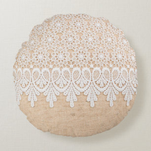 White Ornamental Lace over fabric design Round Cushion