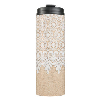 White Ornamental Lace over fabric design Thermal Tumbler