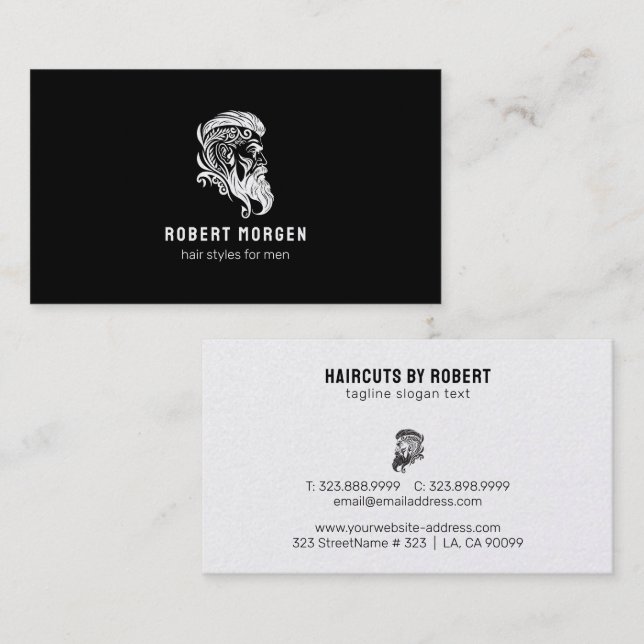 White ornaments man's haircut logo business card (Front/Back)