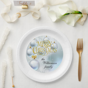 White Ornaments Merry Christmas - Personalize Paper Plate