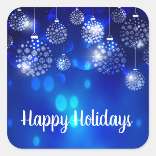 White Ornaments On Blue Happy Holiday Square Sticker