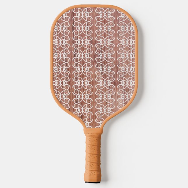 White Ornate Faux Wood Pickleball Paddle (Back)