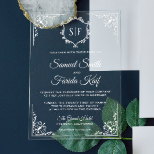 White Ornate Monogram Wedding Acrylic Invitations