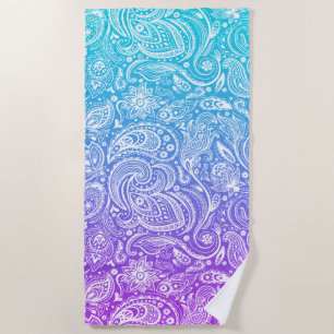 White Ornate Paisley Pattern On Purple & Blue Beach Towel