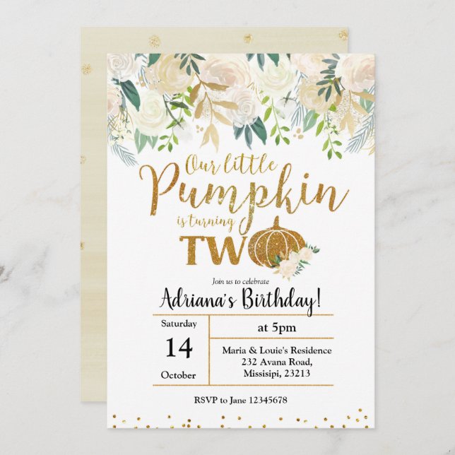 White Our Little Pumpkin Is Turning Two Invitation (Front/Back)