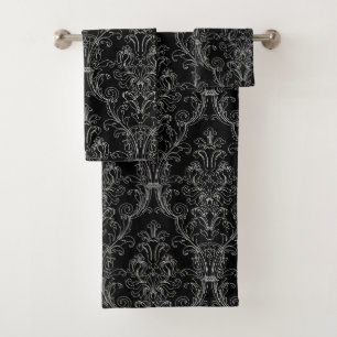 White Outline Black Floral Damask Bath Towel Set