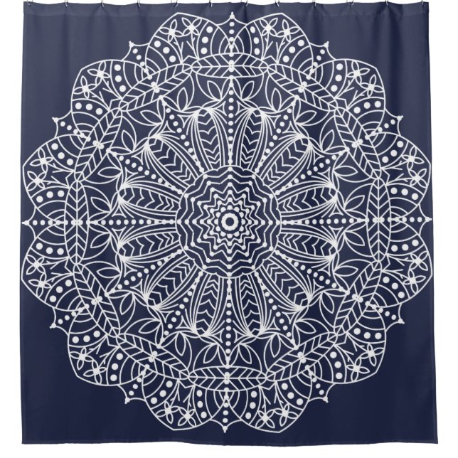 White Outline Bohemian Floral Mandala Shower Curtain (Front)