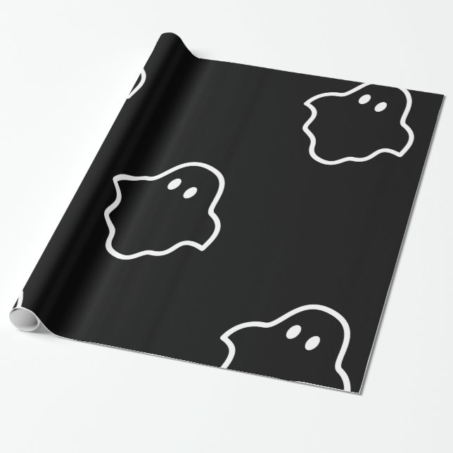 White Outline Ghost In Black Background Wrapping Paper (Unrolled)