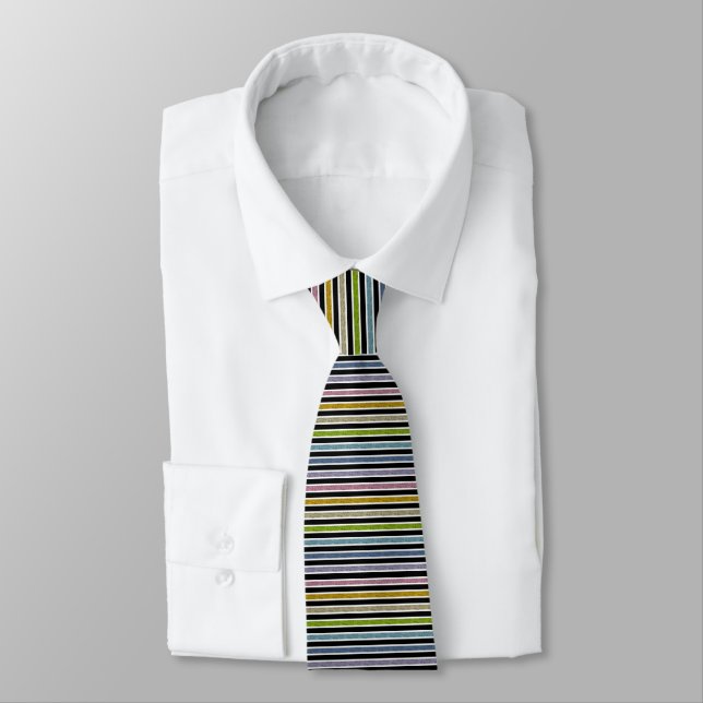 White Outlined Static Pastel Rainbow Stripes Tie (Tied)