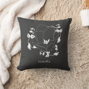 White Over Black Abstract Line Art Flower Pattern  Cushion