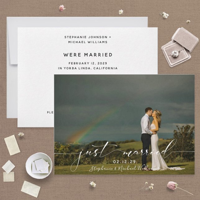 White Overlay Calligraphy Just Married Photo Invitation (Creator Uploaded)