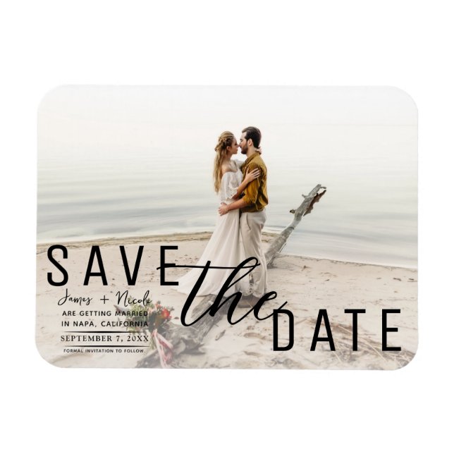  White Overlay Photo Save the Date Wedding Magnet (Horizontal)