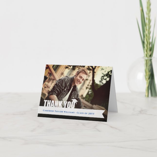 White Overlay Ribbon Graduation Cap Modern Photo Thank You Card (Front)