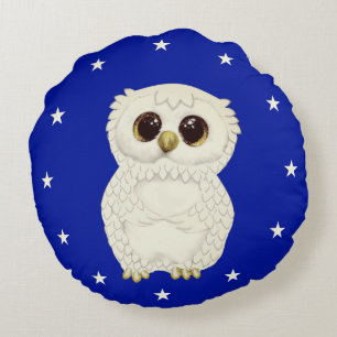 White Owl and Stars on Royal Blue Round Cushion