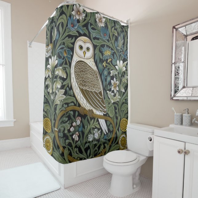 White owl art nouveau style shower curtain (In Situ)