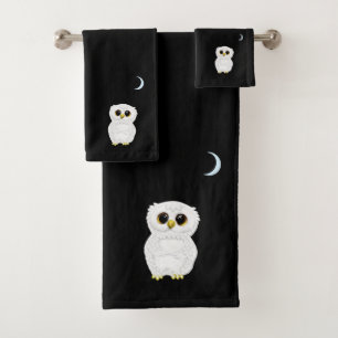 White Owl & Crescent Moon on Black Bath Towel Set